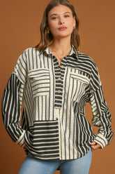 Umgee Full Size Pointelle Stripped Half Button Collared Neck Top Plus Size OutfitFlow